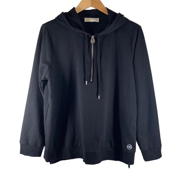 Michael Kors Tops - MICHAEL KORS Black Cotton 1/4 Zip Hooded Sweatshirt Top Size Large